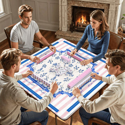 Asian Floral Mahjong Mat Learning Mat With Instructions Preppy Pink Striped - 31.5’’x31.5’’ - Daily Accessories