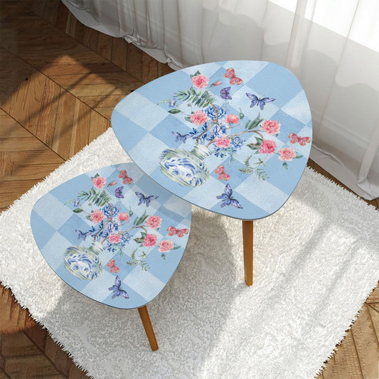 Asian Garden Zen Blue Floral Butterfly Modern Nesting Triangle Coffee Table Set of 2 - One Size - Home Accessories