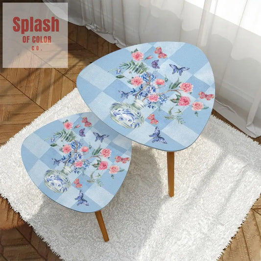 Asian Garden Zen Blue Floral Butterfly Modern Nesting Triangle Coffee Table Set of 2 - One Size - Home Accessories