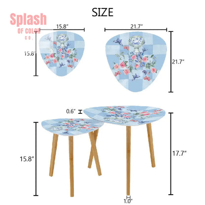 Asian Garden Zen Blue Floral Butterfly Modern Nesting Triangle Coffee Table Set of 2 - One Size - Home Accessories