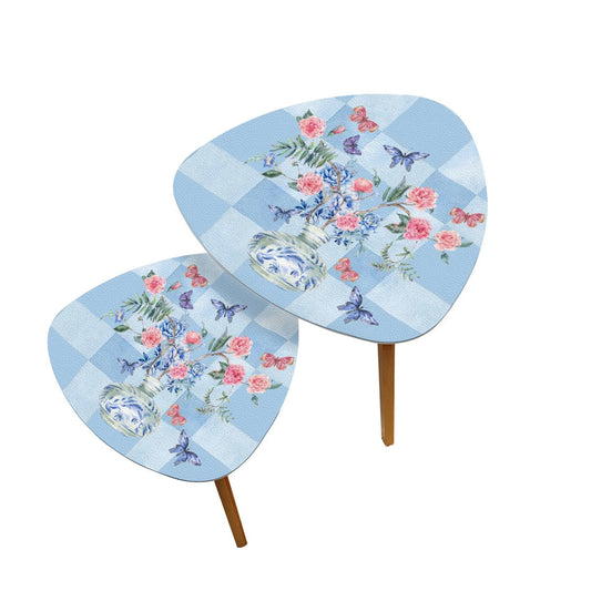 Asian Garden Zen Blue Floral Butterfly Modern Nesting Triangle Coffee Table Set of 2 - One Size - Home Accessories