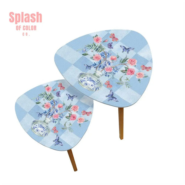 Asian Garden Zen Blue Floral Butterfly Modern Nesting Triangle Coffee Table Set of 2 - One Size - Home Accessories