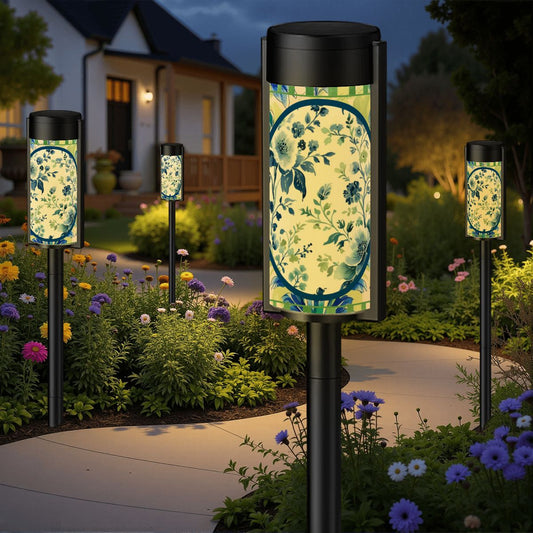 Asian Garden Zen Blue Green Toile Chinoiserie Floral Outdoor Solar Lights - 4pcs - Garden Decor
