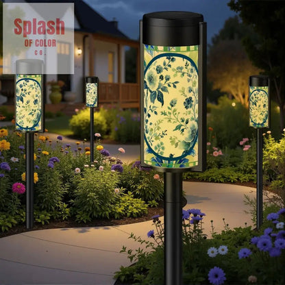 Asian Garden Zen Blue Green Toile Chinoiserie Floral Outdoor Solar Lights - 4pcs - Garden Decor