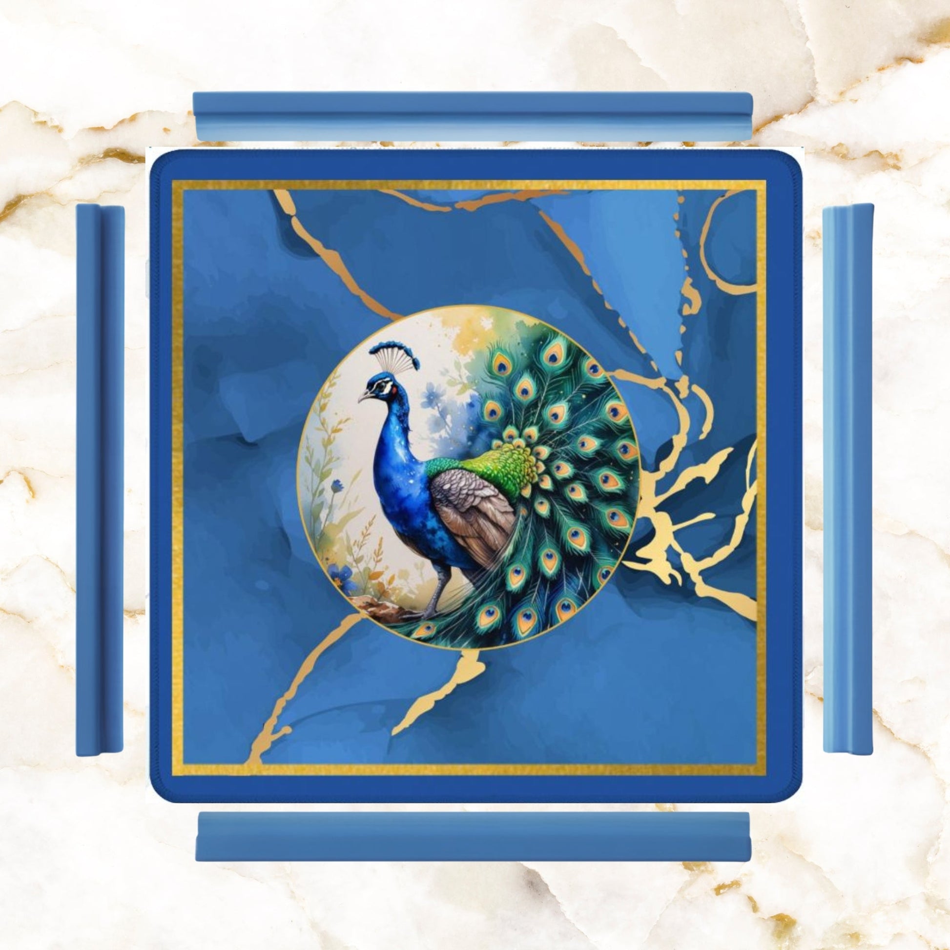 Asian Mahjong Mat Elegant Floral Watercolor Peacock Blue Gold Marble Mahj Mat - 31.5’’x31.5’’ - Daily Accessories