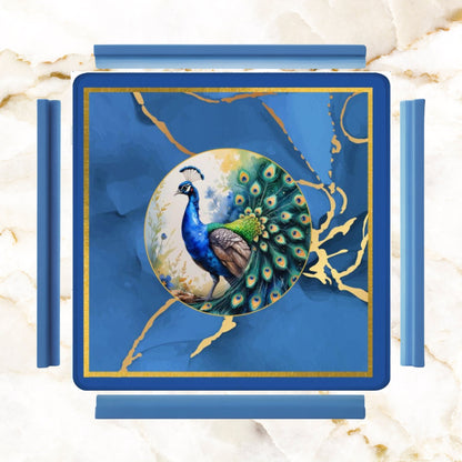 Asian Mahjong Mat Elegant Floral Watercolor Peacock Blue Gold Marble Mahj Mat - 31.5’’x31.5’’ - Daily Accessories