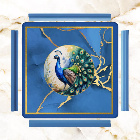 Asian Mahjong Mat Elegant Floral Watercolor Peacock Blue Gold Marble Mahj Mat - 31.5’’x31.5’’ - Daily Accessories