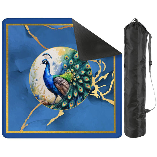 Asian Mahjong Mat Elegant Floral Watercolor Peacock Blue Gold Marble Mahj Mat - 31.5’’x31.5’’ - Daily Accessories