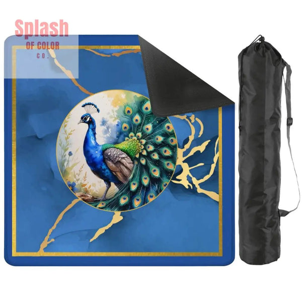 Asian Mahjong Mat Elegant Floral Watercolor Peacock Blue Gold Marble Mahj Mat - 31.5’’x31.5’’ - Daily Accessories