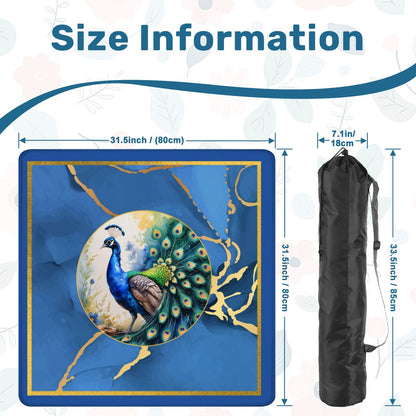 Asian Mahjong Mat Elegant Floral Watercolor Peacock Blue Gold Marble Mahj Mat - 31.5’’x31.5’’ - Daily Accessories