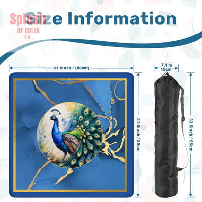 Asian Mahjong Mat Elegant Floral Watercolor Peacock Blue Gold Marble Mahj Mat - 31.5’’x31.5’’ - Daily Accessories