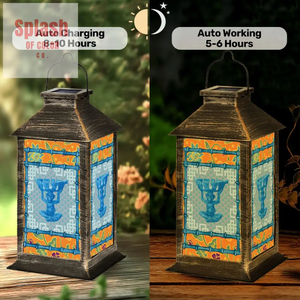 Asian Monkey Blue Orange Floral Chinoiserie Zen Garden Solar Lantern - One Size - Art Lighting