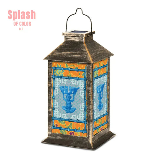 Asian Monkey Blue Orange Floral Chinoiserie Zen Garden Solar Lantern - One Size - Art Lighting