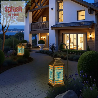 Asian Monkey Blue, Orange Floral Chinoiserie Zen Garden Solar Lantern - Splash of Color co.