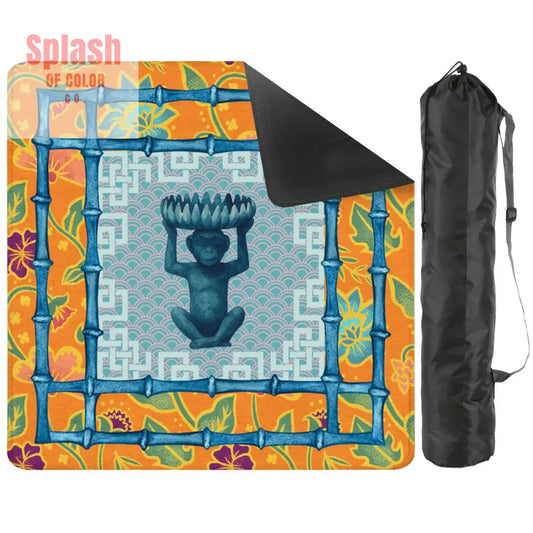 Asian Monkey Bowl Whimsical Orange Blue Green Chinoiserie Mahjong Mat - 2mm (Black Bag) - Daily Accessories