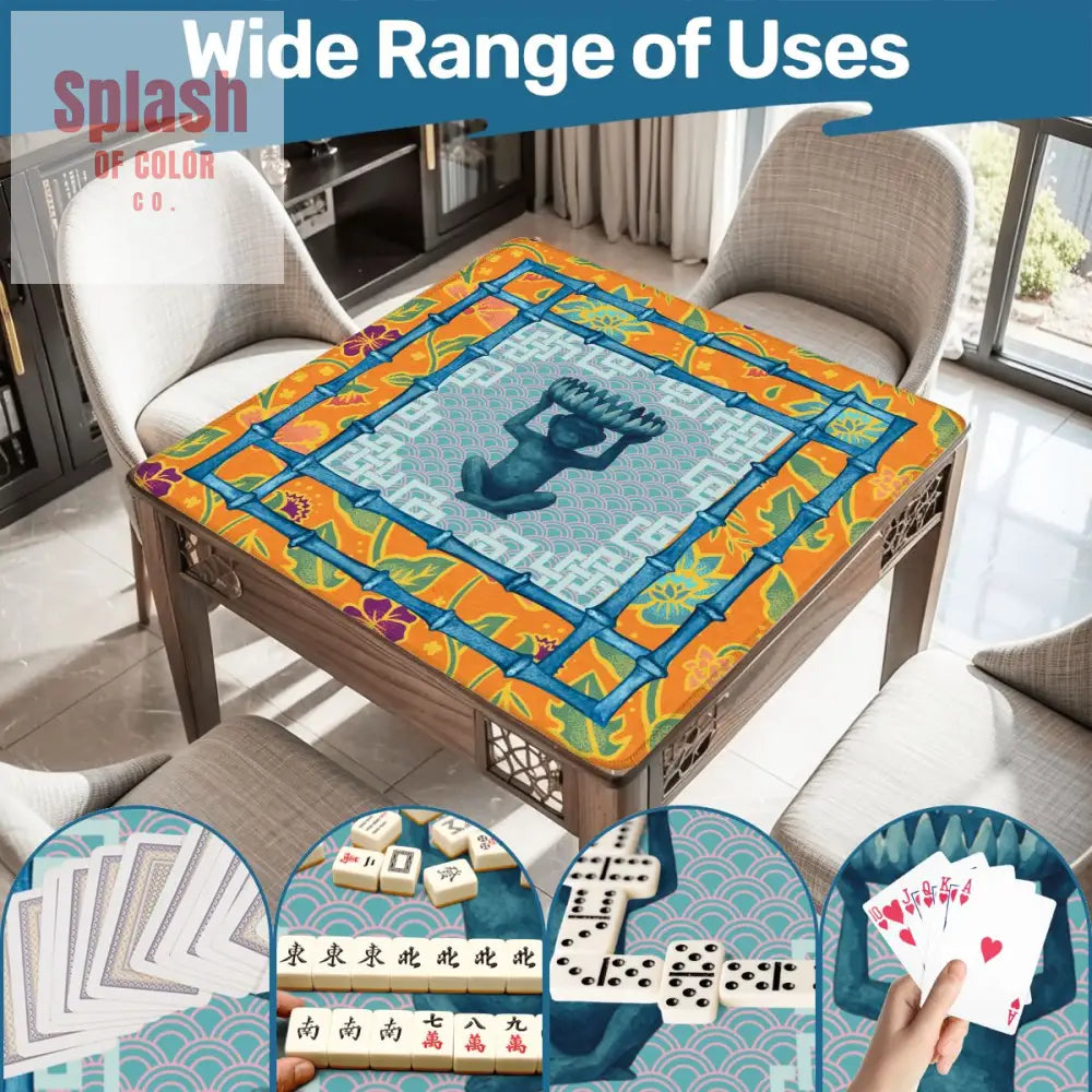 Asian Monkey Bowl Whimsical Orange Blue Green Chinoiserie Mahjong Mat - Daily Accessories