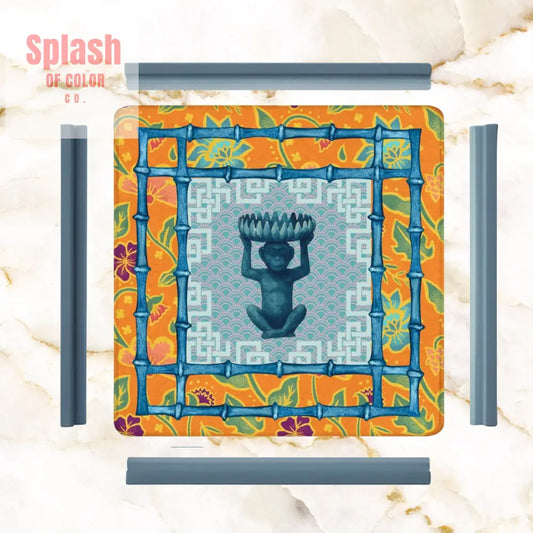 Asian Monkey Bowl Whimsical Orange Blue Green Chinoiserie Mahjong Mat - Daily Accessories