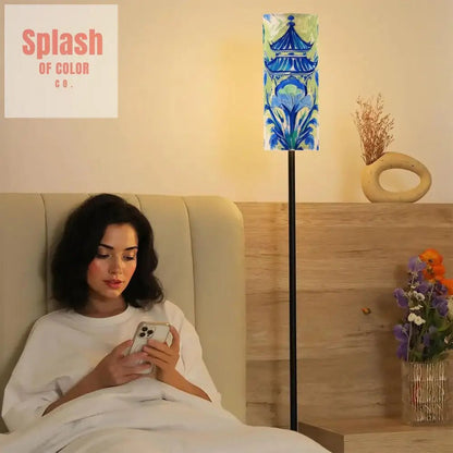 Asian Pagoda Floral Green Blue Chinoiserie Cozy Reading Nook Floor Lamp - One Size - Floor Lamps