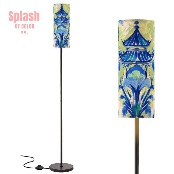 Asian Pagoda Floral Green Blue Chinoiserie Cozy Reading Nook Floor Lamp - One Size - Floor Lamps