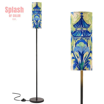 Asian Pagoda Floral Green Blue Chinoiserie Cozy Reading Nook Floor Lamp - One Size - Floor Lamps