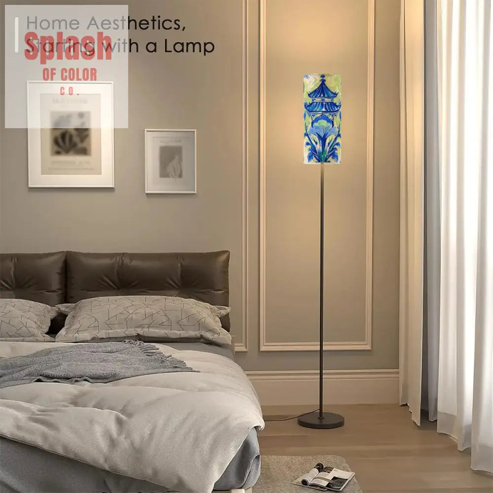 Asian Pagoda Floral Green Blue Chinoiserie Cozy Reading Nook Floor Lamp - One Size - Floor Lamps