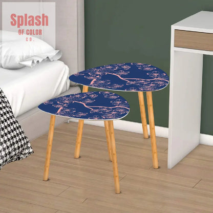 Asian Royal Blue Pink Floral Zen Nesting Triangle Coffee Tables One Size Home Accessories