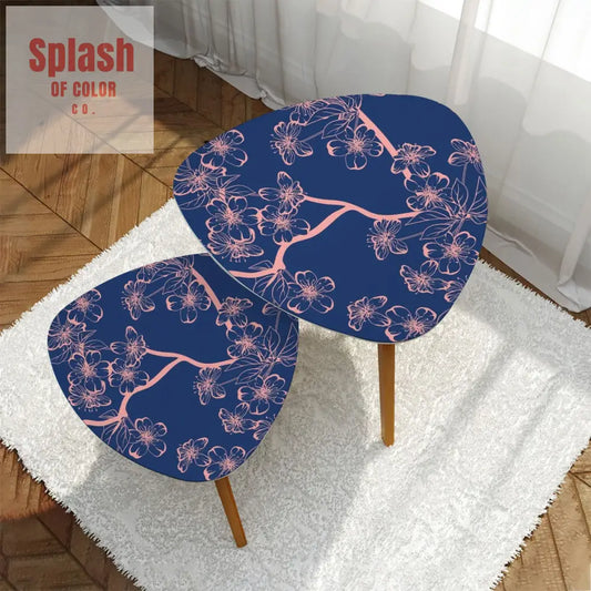 Asian Royal Blue Pink Floral Zen Nesting Triangle Coffee Tables One Size Home Accessories