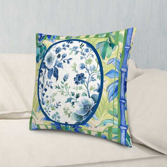 Asian Zen Blue Green Floral Chinoiserie Pillow Covers For Garden Livingroom Den Sunroom - Pillow Case