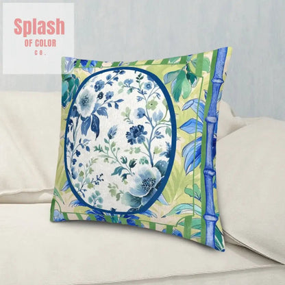 Asian Zen Blue Green Floral Chinoiserie Pillow Covers For Garden Livingroom Den Sunroom - Pillow Case