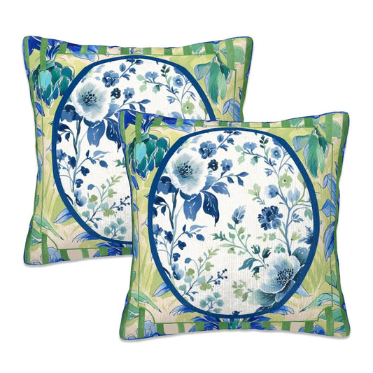 Asian Zen Blue Green Floral Chinoiserie Pillow Covers For Garden Livingroom Den Sunroom - 16’’x16’’ - Pillow Case