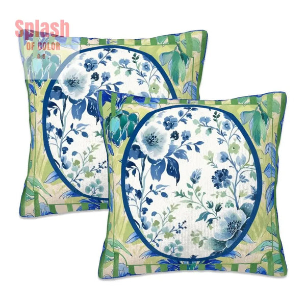 Asian Zen Blue Green Floral Chinoiserie Pillow Covers For Garden Livingroom Den Sunroom - 16’’x16’’ - Pillow Case