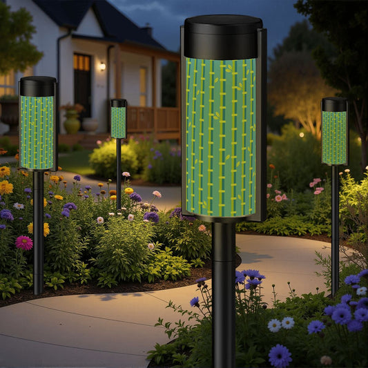 Asian Zen Garden Bamboo Designed Green Blue Outdoor Garden Solar Lights - 4pcs - Garden Decor