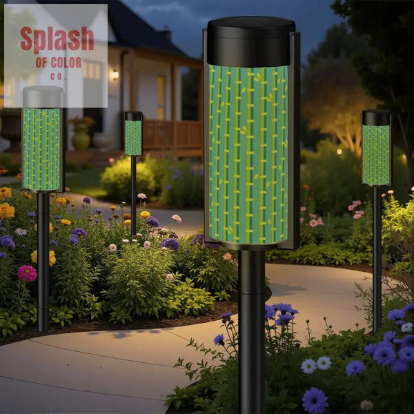 Asian Zen Garden Bamboo Designed Green Blue Outdoor Garden Solar Lights - 4pcs - Garden Decor