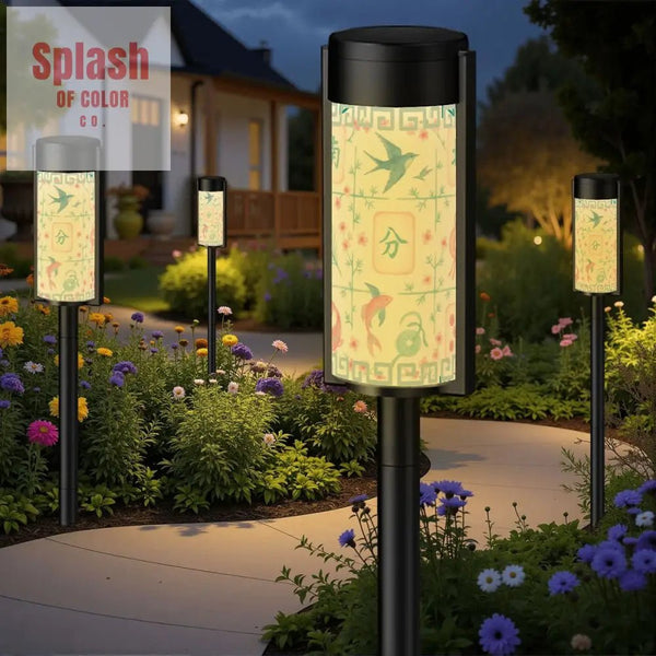 Asian Zen Garden Mahjong Lover Pastel Tiles Floral Outdoor Solar Lights 4pcs Garden Decor