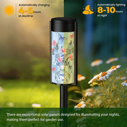 Asian Zen Garden Outdoor Solar Lights Blue Pink Floral Chinoiserie Vase Butterflies Garden Lights - 4pcs - Garden Decor