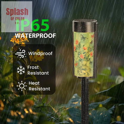 Asian Zen Garden Outdoor Solar Lights Blue Pink Floral Chinoiserie Vase Butterflies Garden Lights - 4pcs - Garden Decor