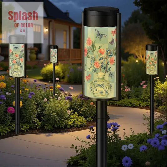 Asian Zen Garden Outdoor Solar Lights Blue Pink Floral Chinoiserie Vase Butterflies Garden Lights - 4pcs - Garden Decor