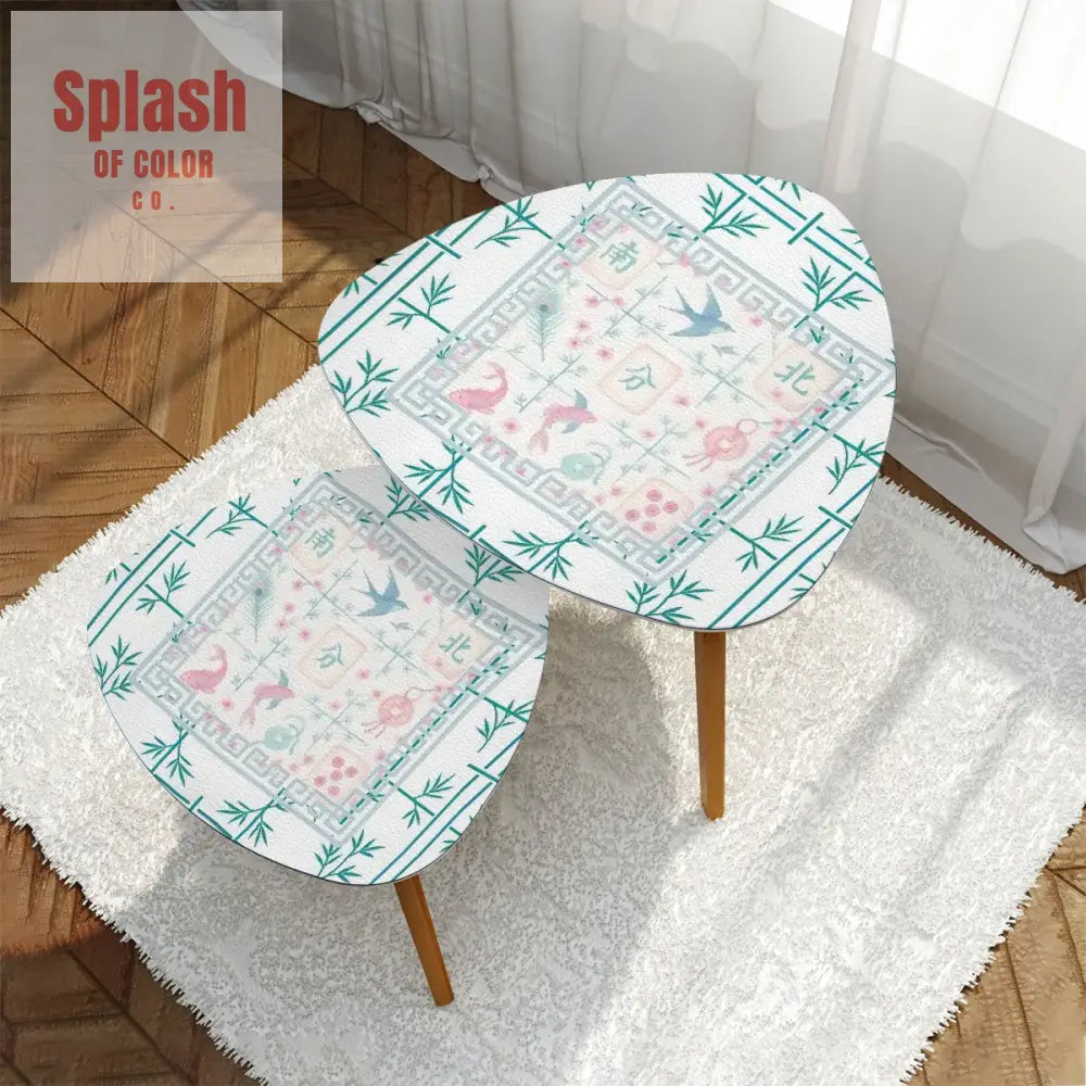 Asian Zen Mahjong Tile Watercolor Pastel Blue Pink Nesting Triangle Coffee Table Set of 2 One Size Home Accessories