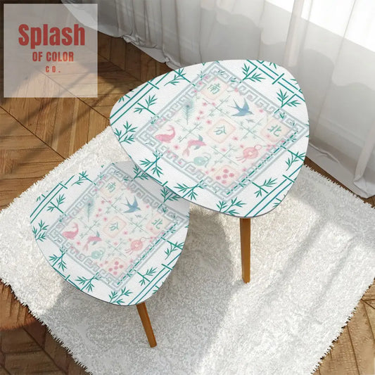 Asian Zen Mahjong Tile Watercolor Pastel Blue Pink Nesting Triangle Coffee Table Set of 2 One Size Home Accessories