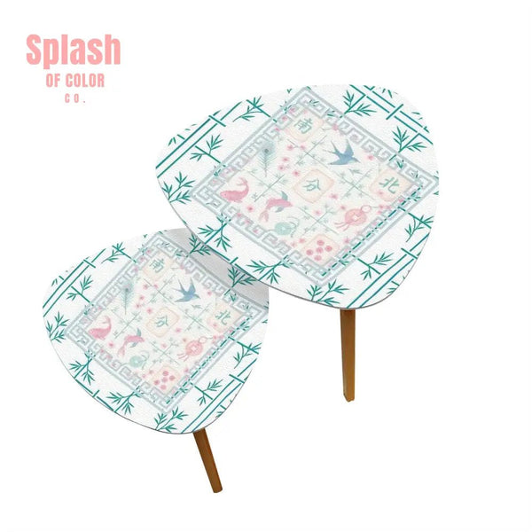 Asian Zen Mahjong Tile Watercolor Pastel Blue Pink Nesting Triangle Coffee Table Set of 2 One Size Home Accessories