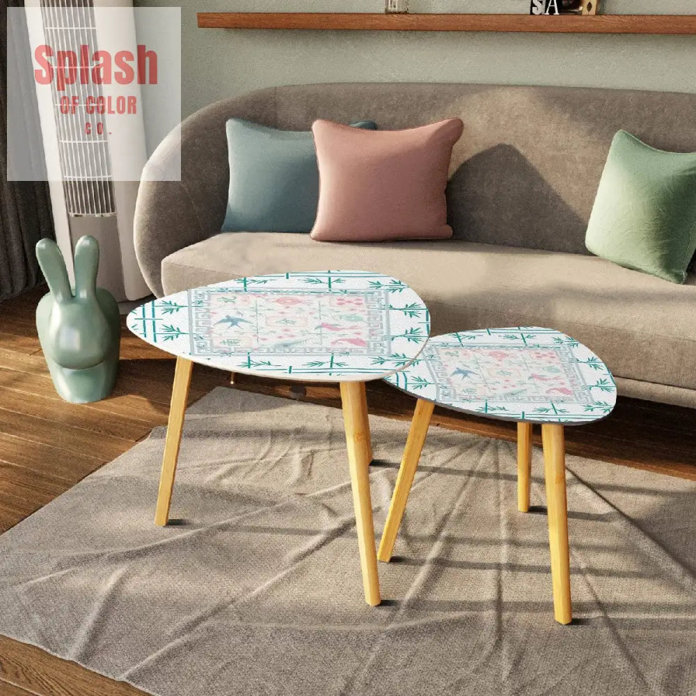 Asian Zen Mahjong Tile Watercolor Pastel Blue Pink Nesting Triangle Coffee Table Set of 2 One Size Home Accessories