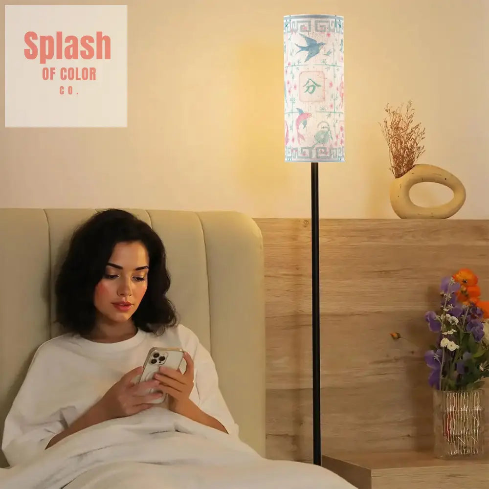 Asian Zen Mahjong Watercolor Tiles Modern Floral Book Nook Floor Lamp One Size Floor Lamps
