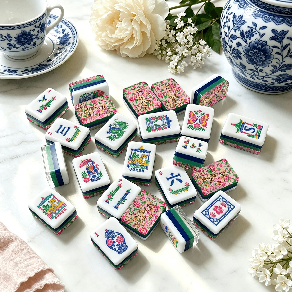 Grandmillenial Chic Leopard Lady Chinoiserie American Mahjong Tiles With Carry Case