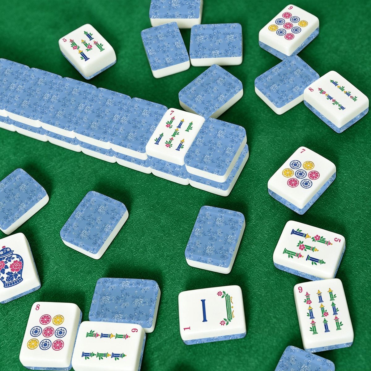 Baby Blue Floral Chinoiserie American Engraved Mahjong Tiles And Carry Case - Splash Of Mahj And Color Co.