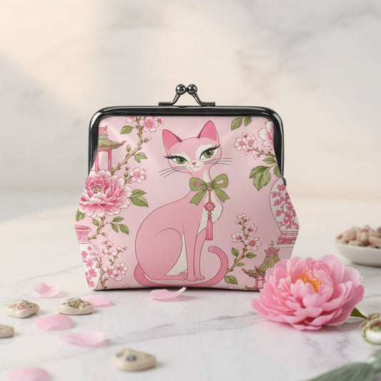 Pink Pagoda Peony Purr Women's Leather Kiss Lock Coin Purse - Splash Of Mahj And Color Co.