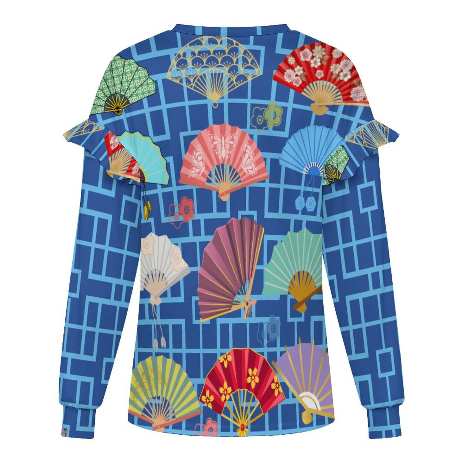 Preppy Mahjong Blue Asian Fan Design Women’s Lightweight Ruffle Shoulder Sweatshirt - Splash of Color Co.