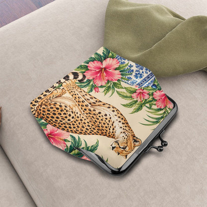 Chinoiserie Leopard Wild Things Women's Leather Kiss Lock Coin Purse - Splash Of Mahj And Color Co.