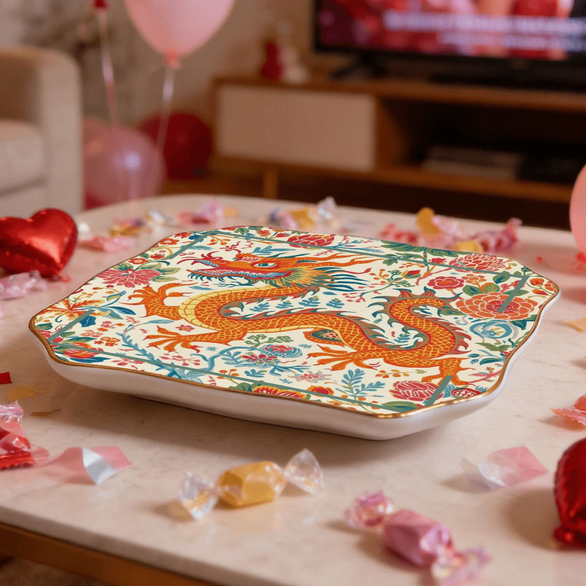 Mahjong Whimsical Dragon Scalloped Ceramic Mahjong Dice Tray