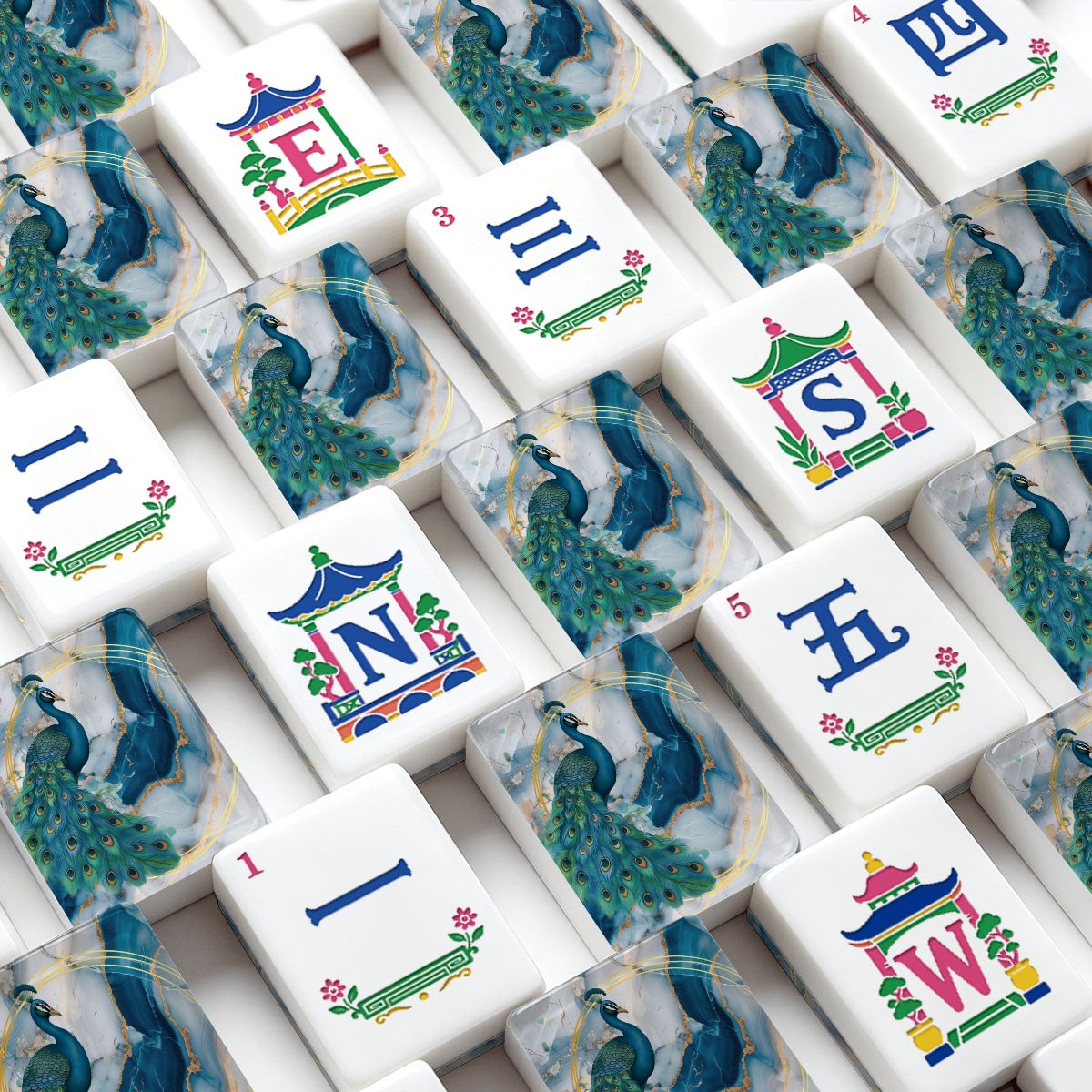 Gilded Marbles Blue And Gold Peacock Chinoiserie American Mahjong Tiles And Carry Case - Splash Of Mahj And Color Co.