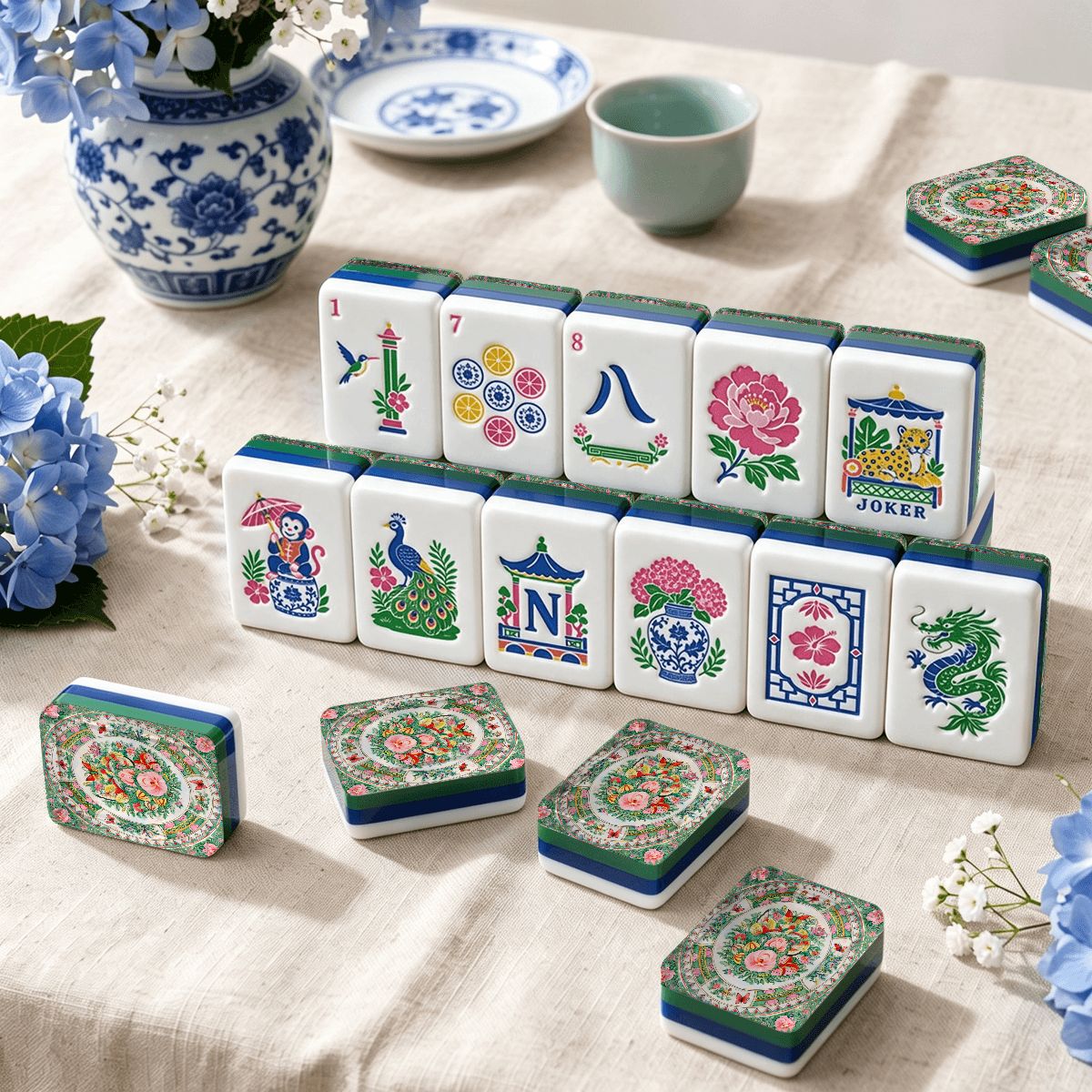 Famille Rose Chinoiserie Chic American Mahjong Tiles And Carry Case - Splash Of Mahj And Color Co.